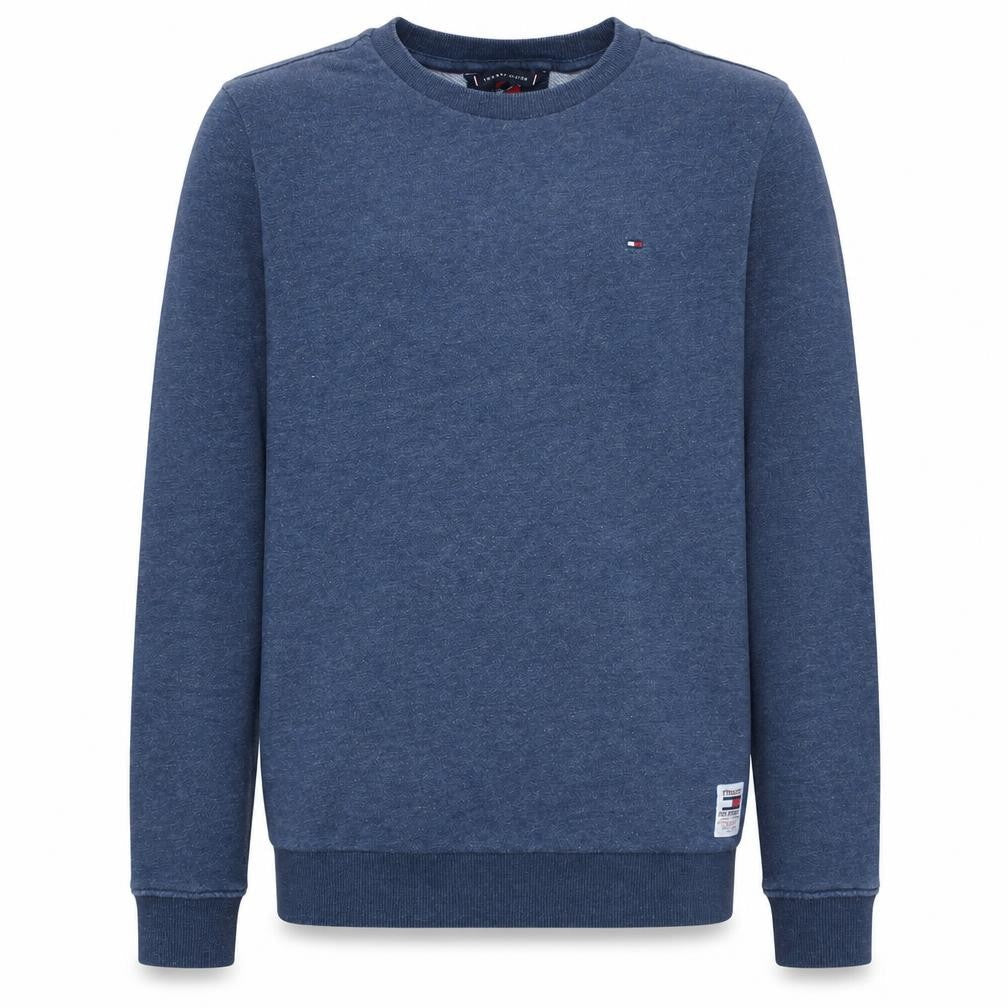 Front view of Tommy Hilfiger boys’ blue cotton crew neck pullover sweatshirt, size 164