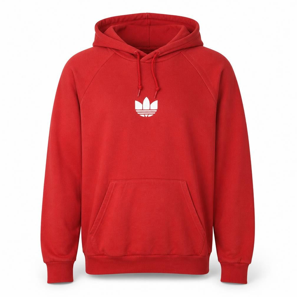 Front view of adidas Men's Red Pullover Hoodie, size L, Embroidered Logo