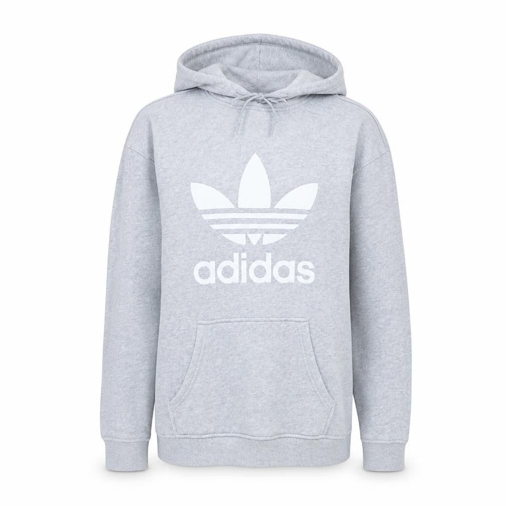 Front view of Adidas women’s grey pullover hoodie sweatshirt, size UK 8, logo print
