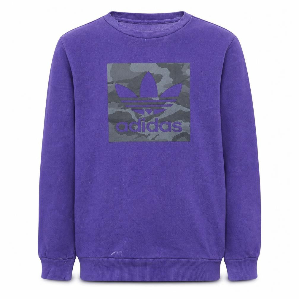 Front view of Adidas boys’ purple camouflage logo sweatshirt, size 13-14, years