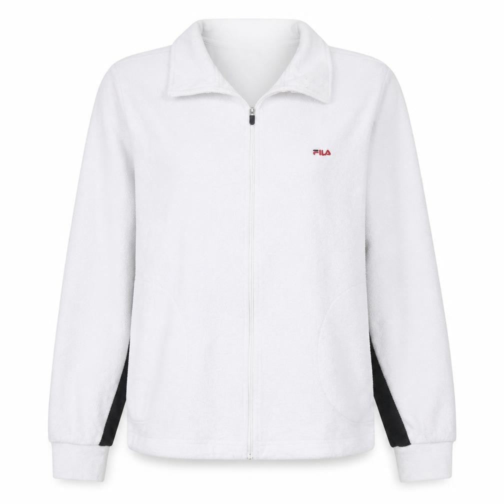 Front view of Fila women’s white fleece full zip jacket, size UK 12, regular fit