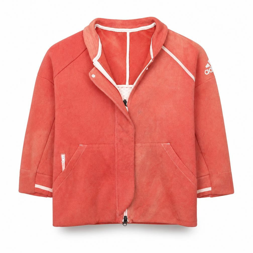 Front view of Adidas women’s coral red full zip sweatshirt, size M, 12-14 lined pockets
