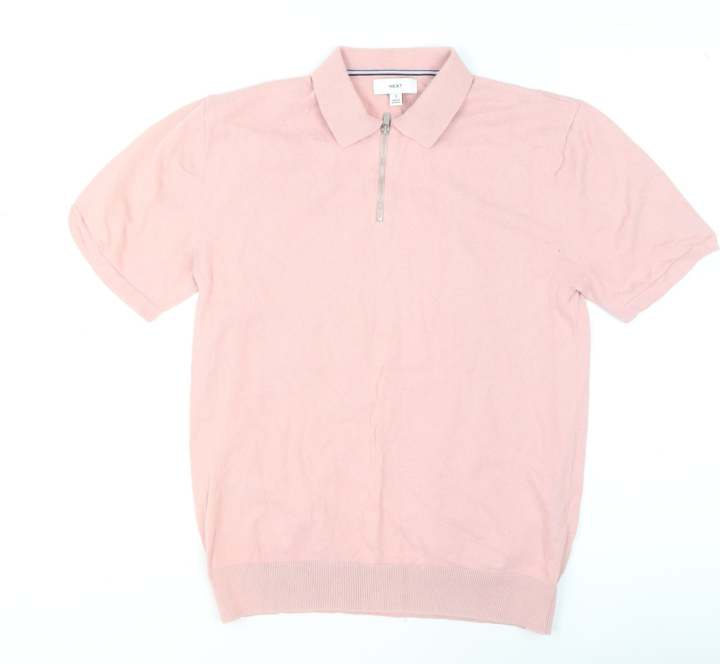 Next Men's Pink 1/4 Zip Cotton Polo Shirt Size S Regular Fit