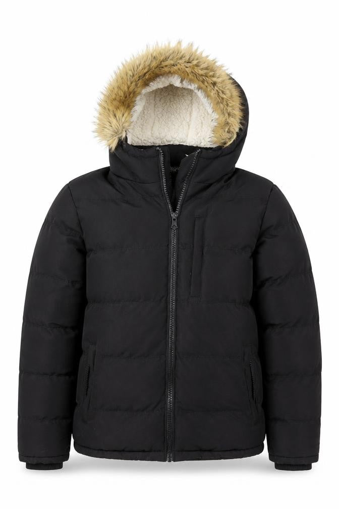 Front view of SoulCal boys’ black hooded faux fur trim puffer jacket, size S, winter coat