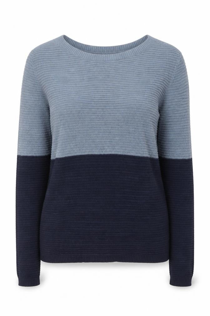 Front view of ICHI Women’s Blue Two-Tone Knitted Crew Neck Jumper, size S