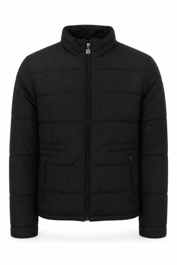 Front view of Fila men’s black puffer jacket m lightweight quilted zip coat
