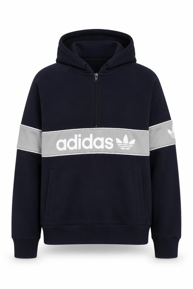 Front view of Adidas women’s navy & grey full zip hoodie, size UK 14, hooded sweatshirt
