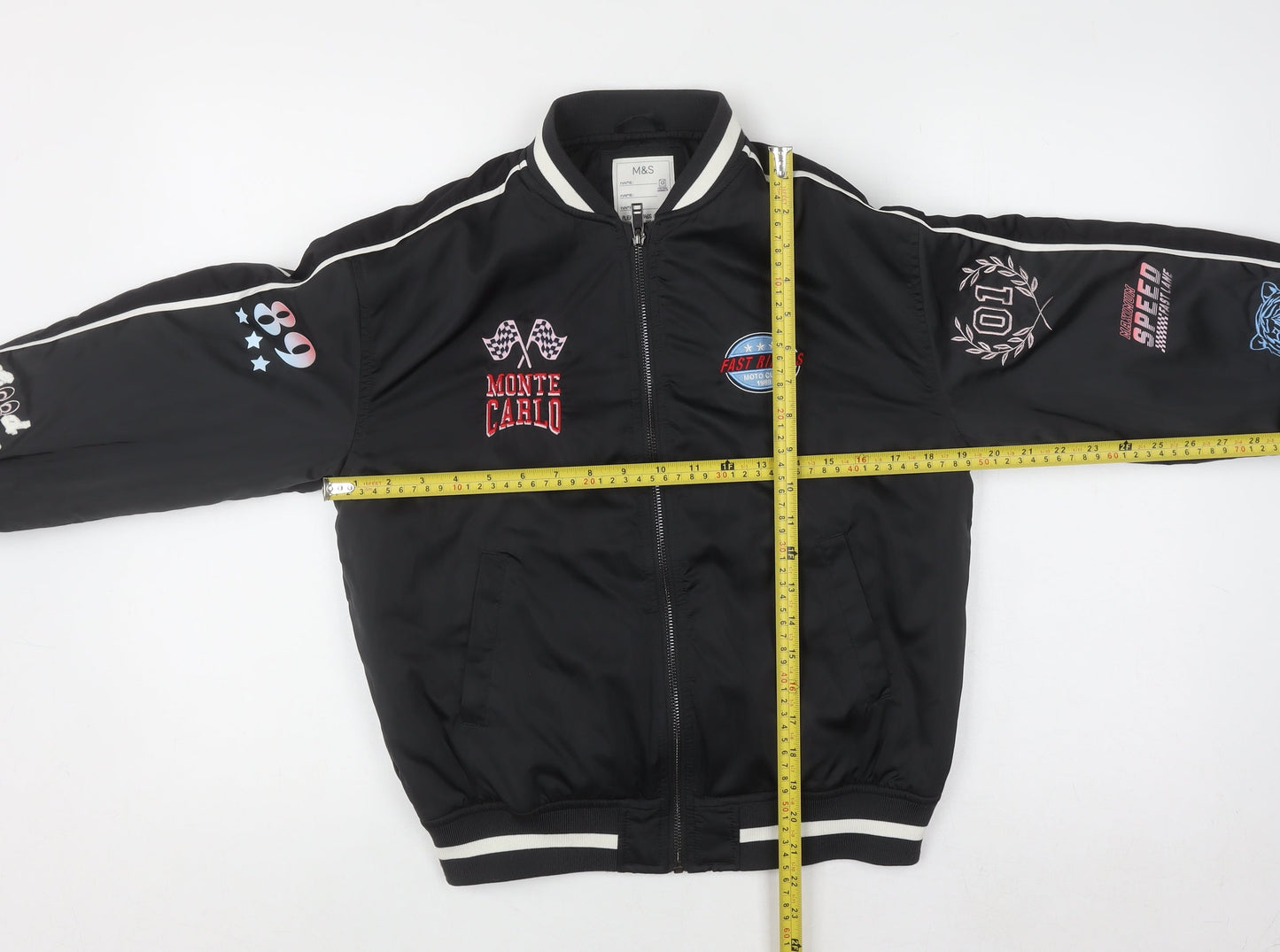 Marks and Spencer Boys Black Bomber Jacket 10-11 Years Racing Embroidered