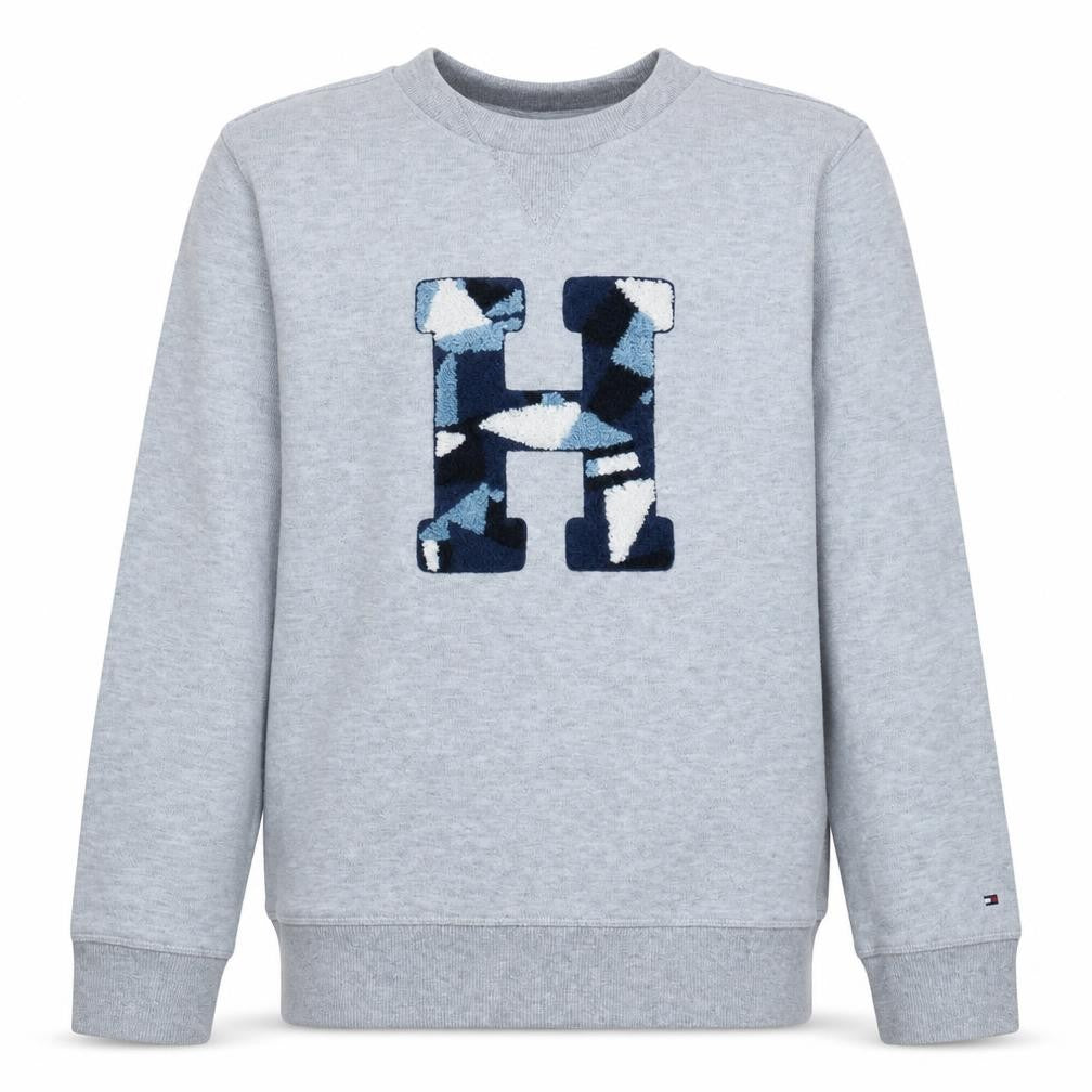 Front view of Tommy Hilfiger boys’ grey pullover sweatshirt, size 164, crew neck logo