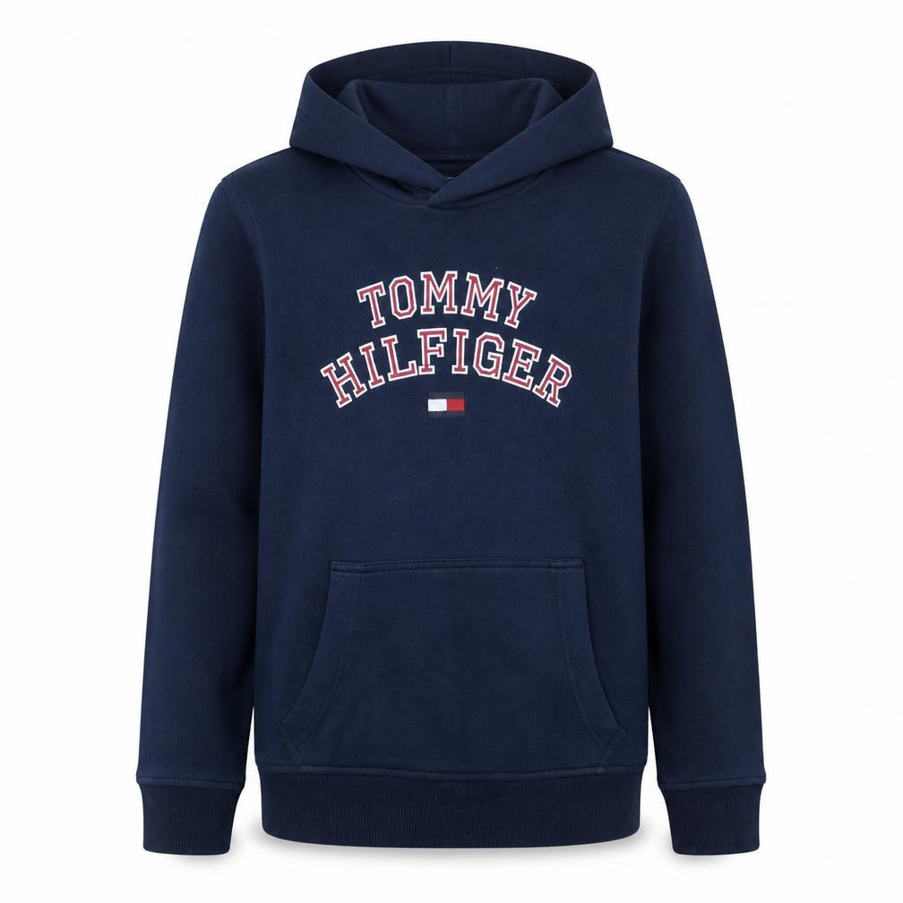 Front view of Tommy Hilfiger boys’ navy pullover hoodie, size 152, cotton blend