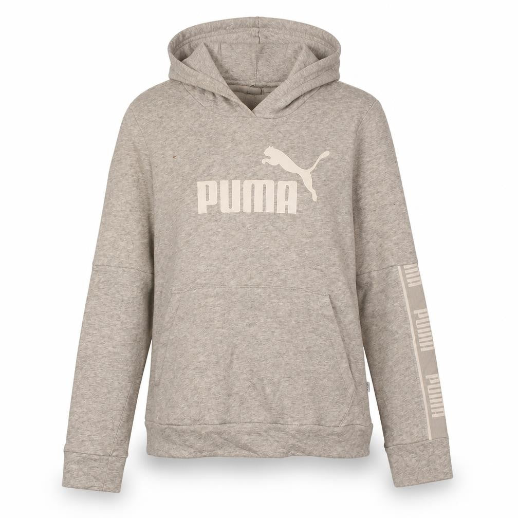 Front view of Puma women’s grey pullover hoodie medium logo sweatshirt