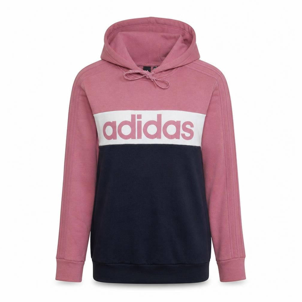 Front view of Adidas women’s pink & navy pullover hoodie l 16-18 logo sweatshirt