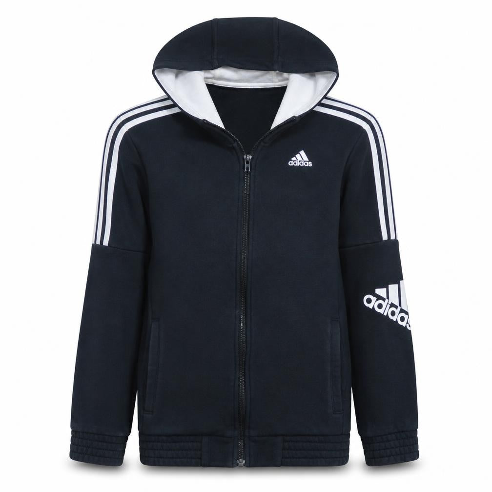 Front view of Adidas Men's Black Full Zip Hoodie, size S, Fleece Sportswear