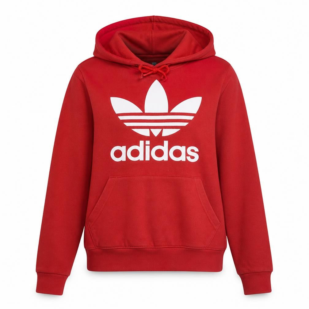 Front view of Adidas Women's Red Pullover Hoodie Small - Classic Trefoil Logo Sweatshirt