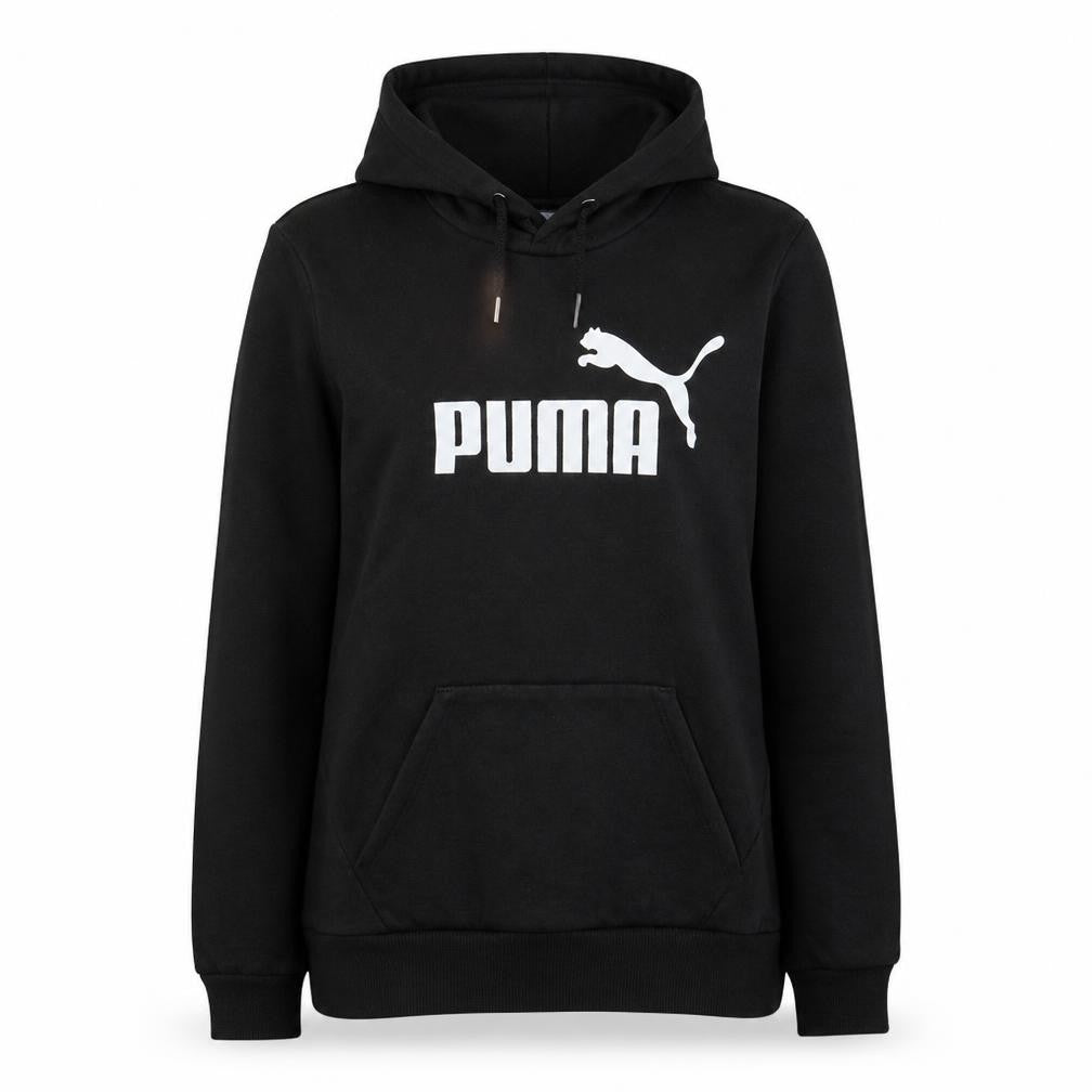 Front view of PUMA women’s black hoodie, size UK 10, pullover hooded sweatshirt