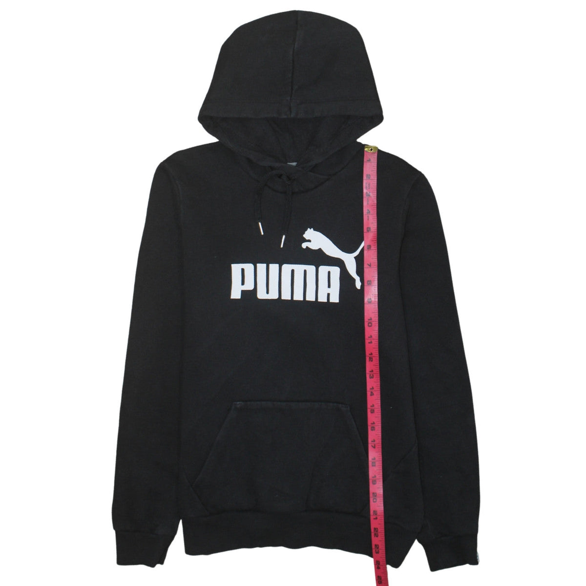 Back view of PUMA women’s black hoodie, size UK 10, pullover hooded sweatshirt