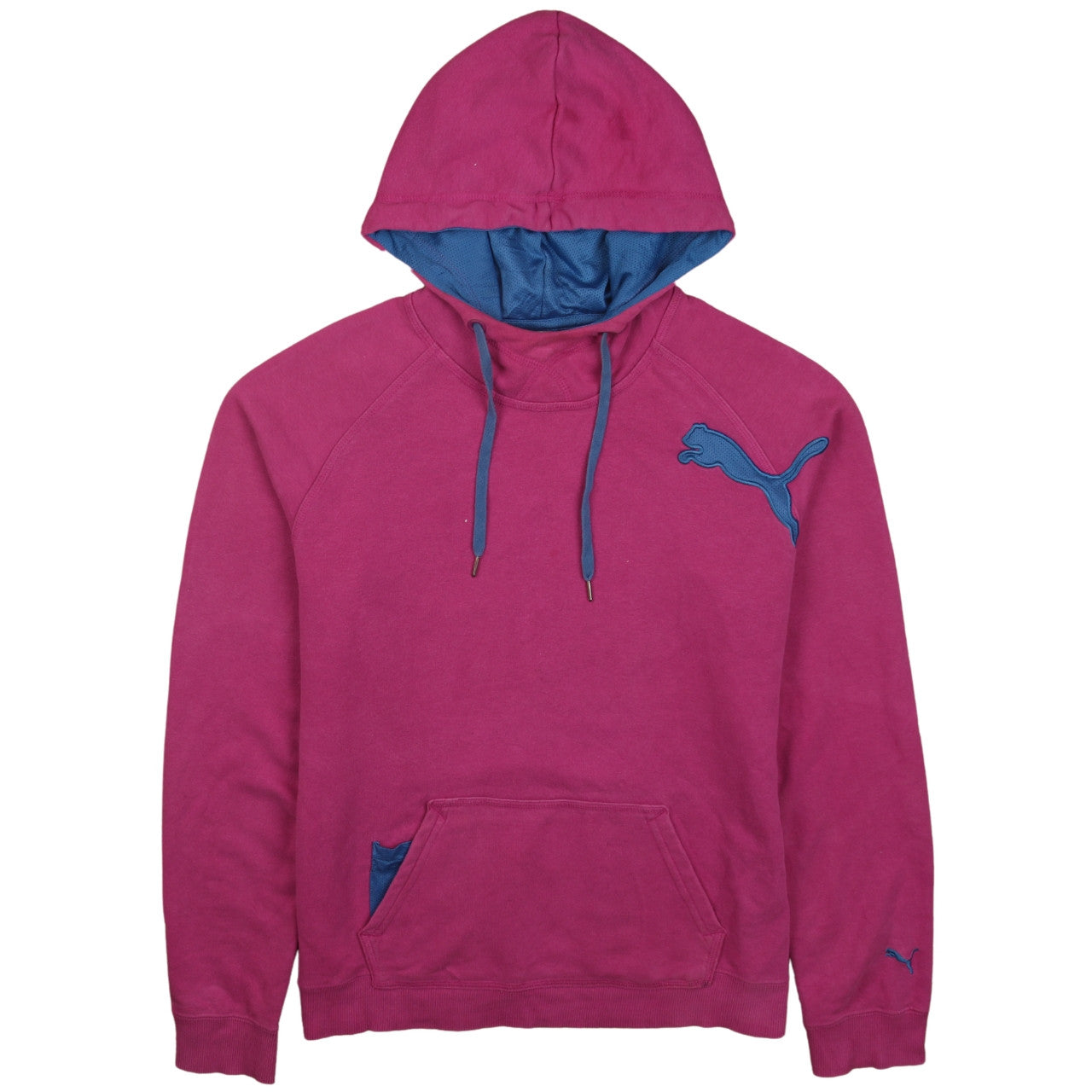 Puma Women's Pink Pullover Hoodie Size 14 with Blue Logo & Lined Hood