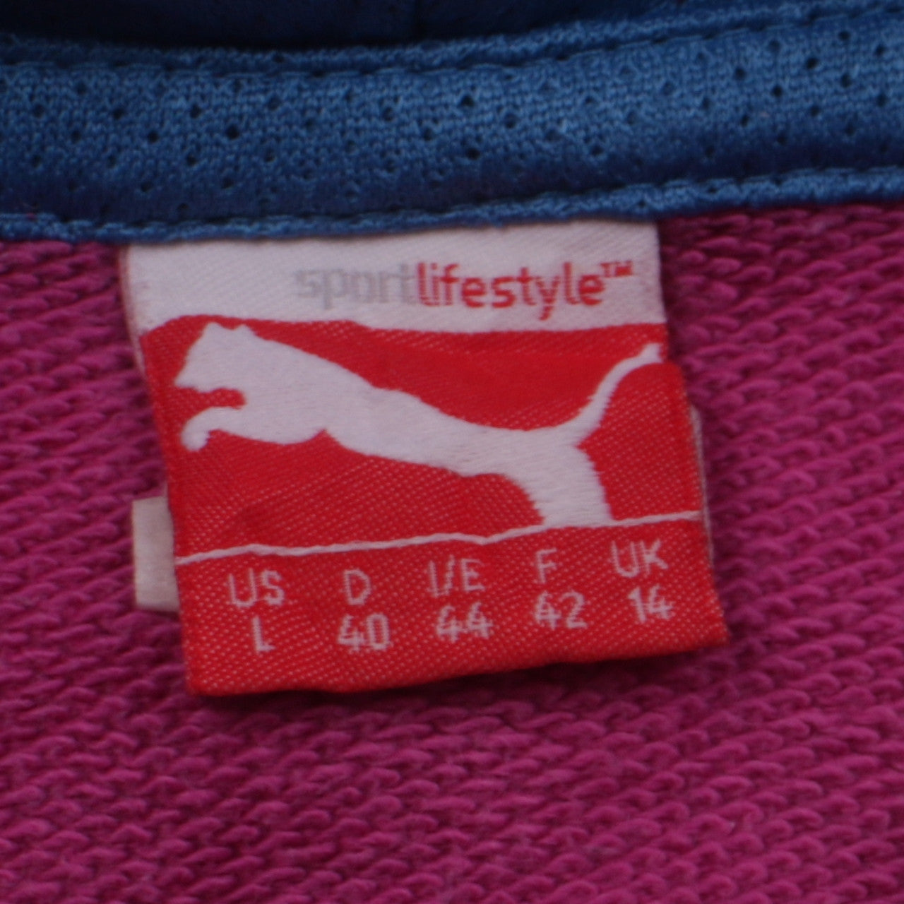 Puma Women's Pink Pullover Hoodie Size 14 with Blue Logo & Lined Hood
