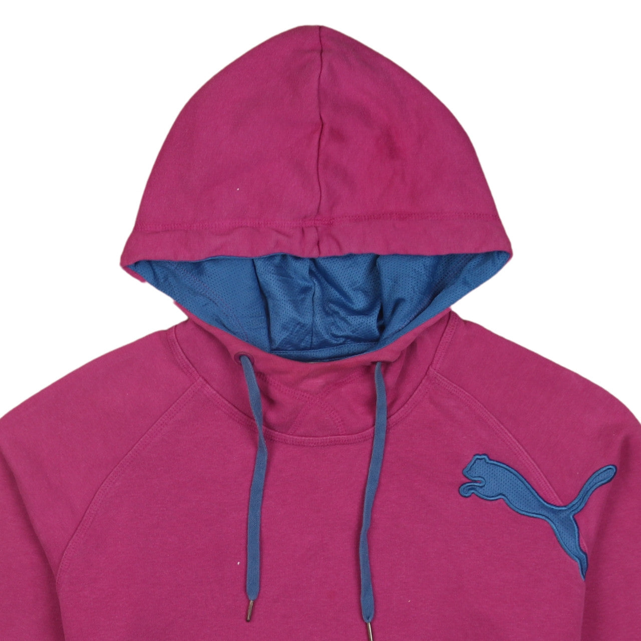 Puma Women's Pink Pullover Hoodie Size 14 with Blue Logo & Lined Hood