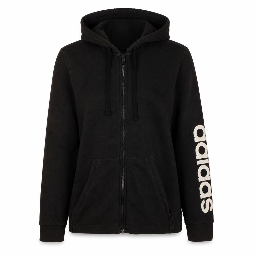 Front view of Adidas women’s black full zip hoodie, size M, 12-14 logo sleeve