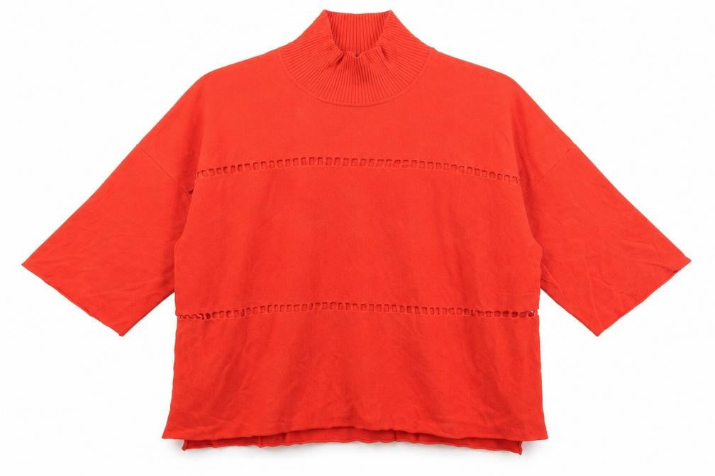 Front view of French Connection Women Red Roll Neck Knit Cotton T-Shirt, size S