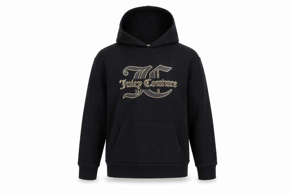 Front view of Juicy Couture girls’ black pullover hoodie 10-11y logo fleece sweatshirt