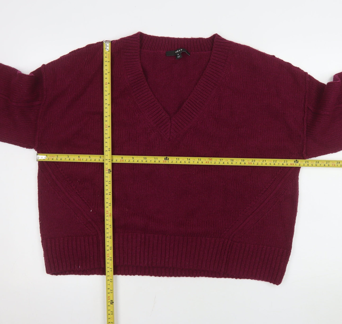 Next Women Red V-Neck Long Sleeve Wool Blend Jumper M