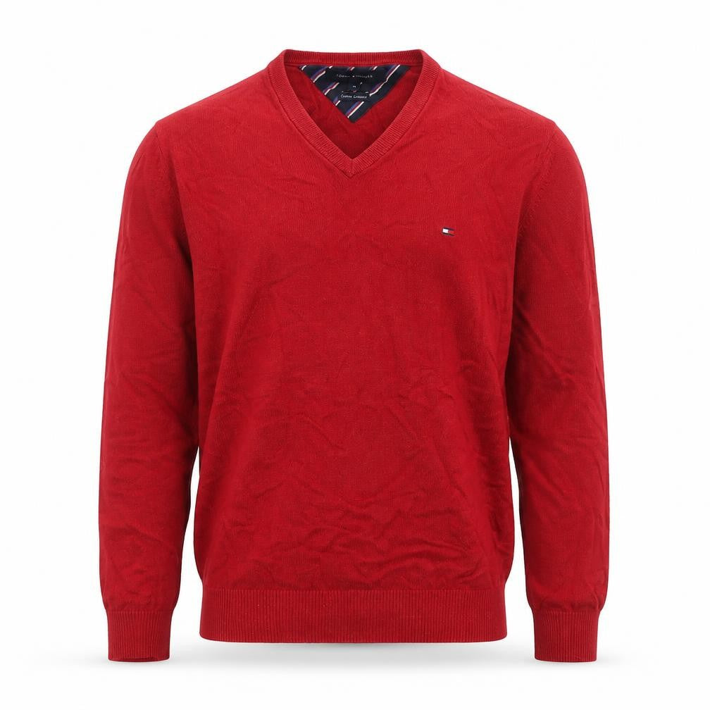 Tommy Hilfiger Men's Red V-Neck Cotton Cashmere Jumper M