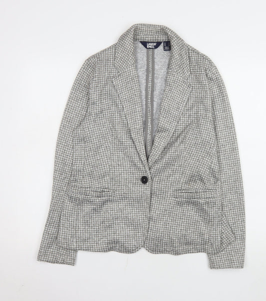 Lands' End Women Grey Houndstooth Single-Breasted Blazer Size S