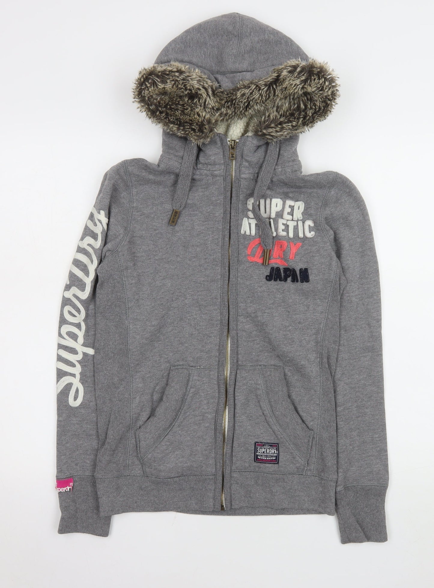 Superdry Womens Grey Hooded Fleece Jacket Size S Faux Fur Lined