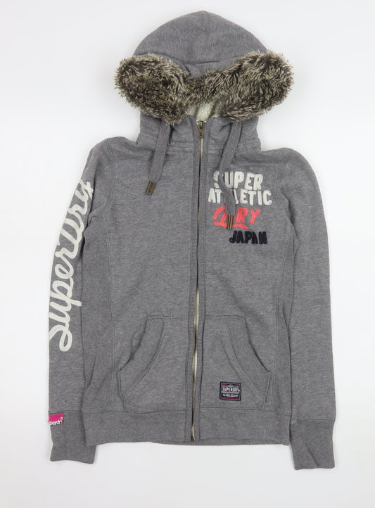Superdry Womens Grey Hooded Fleece Jacket Size S Faux Fur Lined