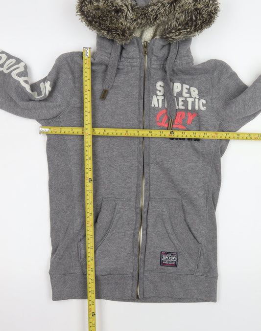 Superdry Womens Grey Hooded Fleece Jacket Size S Faux Fur Lined