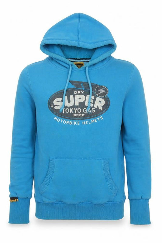 Superdry Men's Blue Pullover Hoodie Medium Hooded Logo Fleece