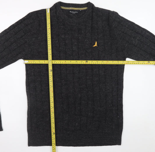 Brave Soul Men's Grey Cable Knit Crew Neck Pullover Jumper XL