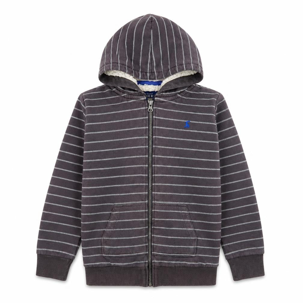 Front view of Joules boys’ grey striped full zip fleece hoodie 9-10 years