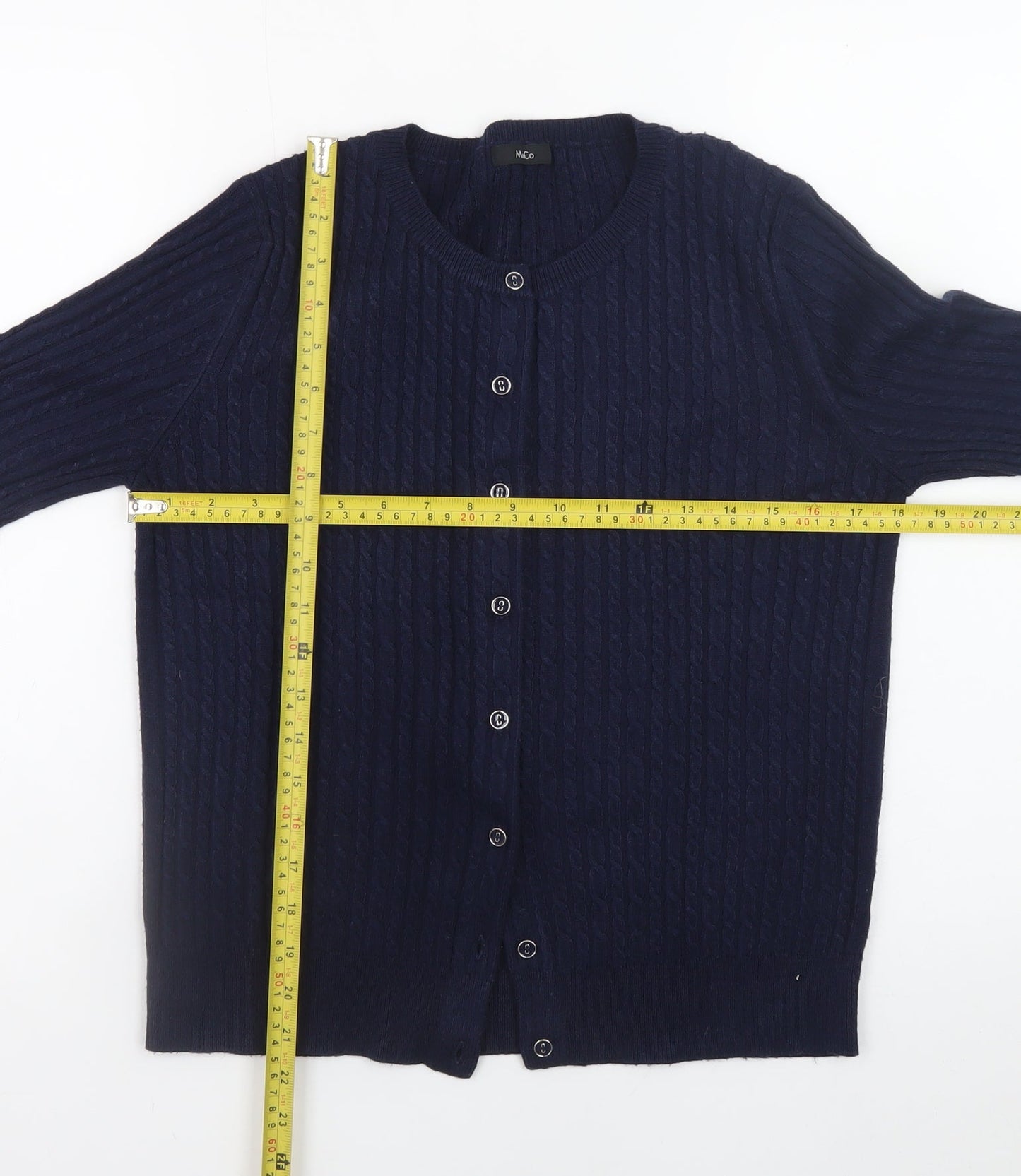 M&Co Women’s Blue Cable-Knit Cotton Long Sleeve Cardigan Size 14