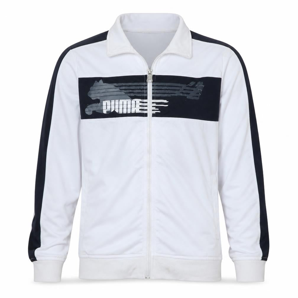 Front view of Puma boys’ white & black track jacket, size L, full zip sports activewear