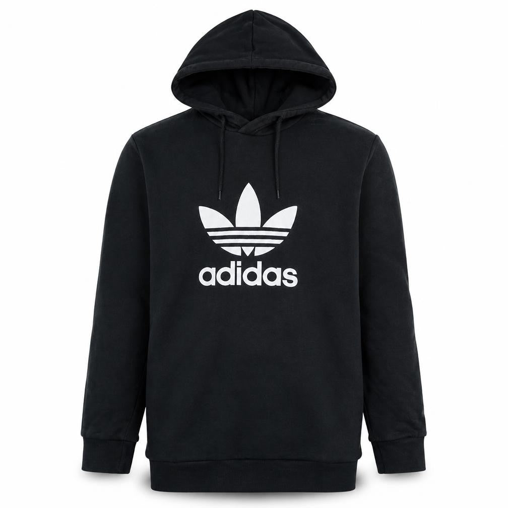 Front view of Adidas boys’ black hoodie l pullover graphic print trefoil logo sweatshirt