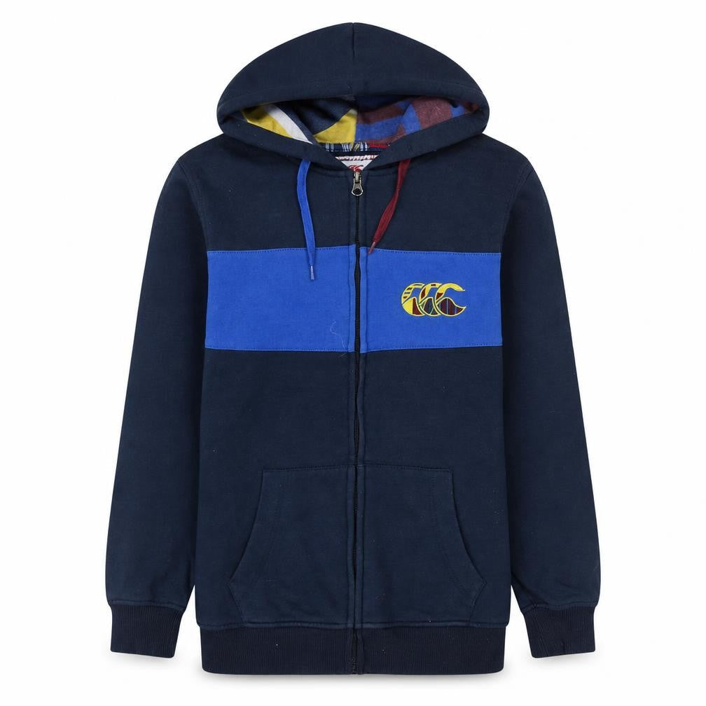 Front view of Canterbury boys’ navy blue full zip hoodie, size 14, years uglies rugby