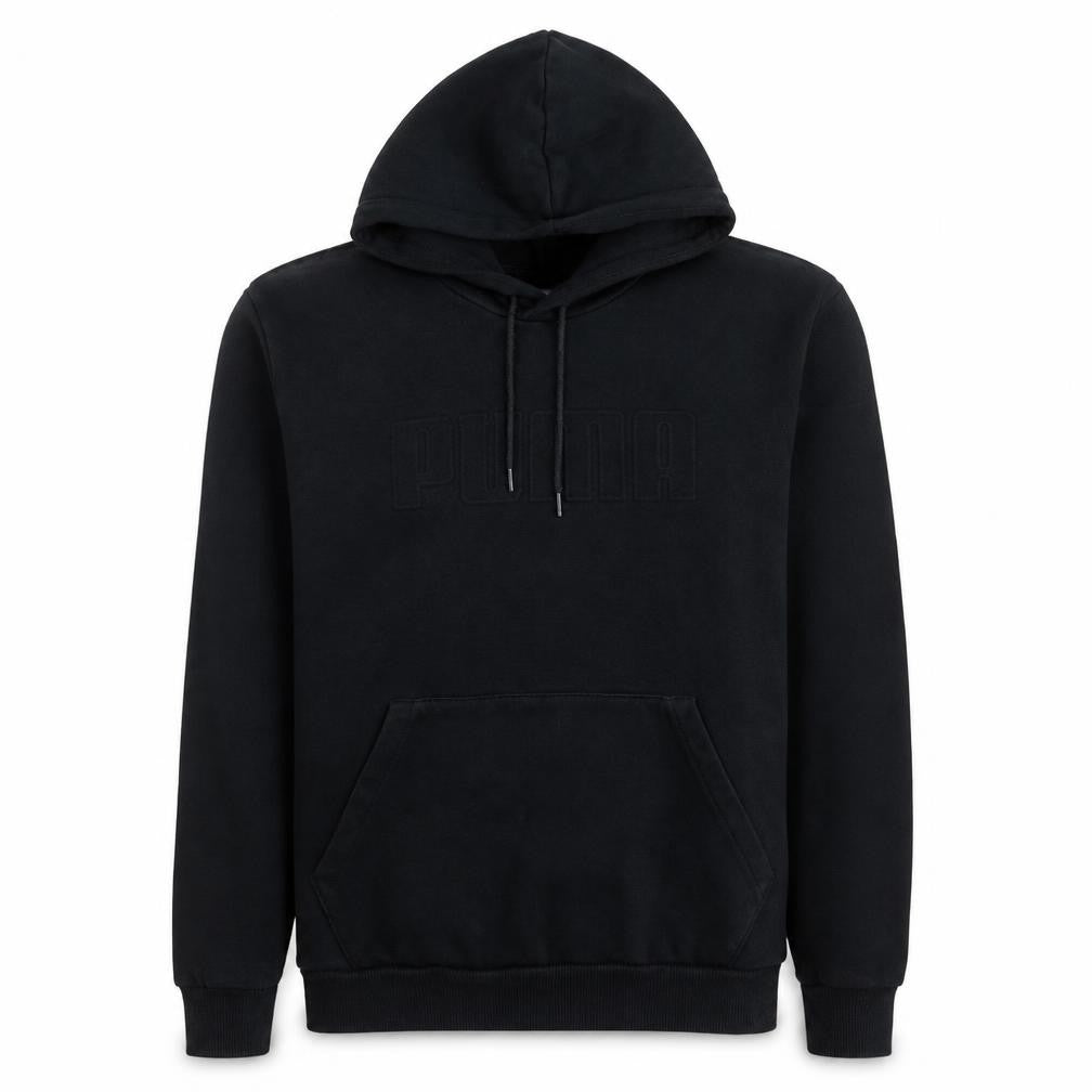 Front view of Puma women’s black large pullover hoodie with logo detail