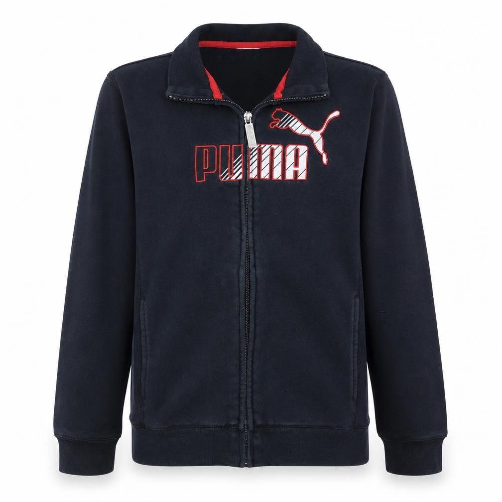 Front view of Puma boys’ black track jacket, size 12, years full zip cotton blend
