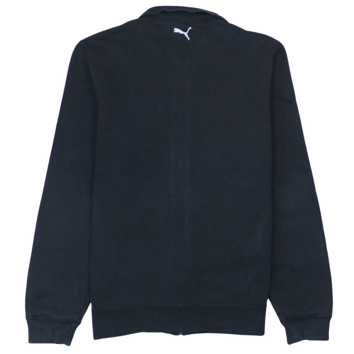 Brand and care label for Puma boys’ black track jacket, size 12, years full zip cotton blend