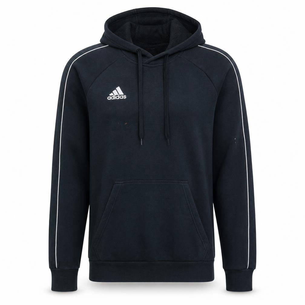 Front view of Adidas men’s black pullover hoodie, size S, sports fleece sweatshirt