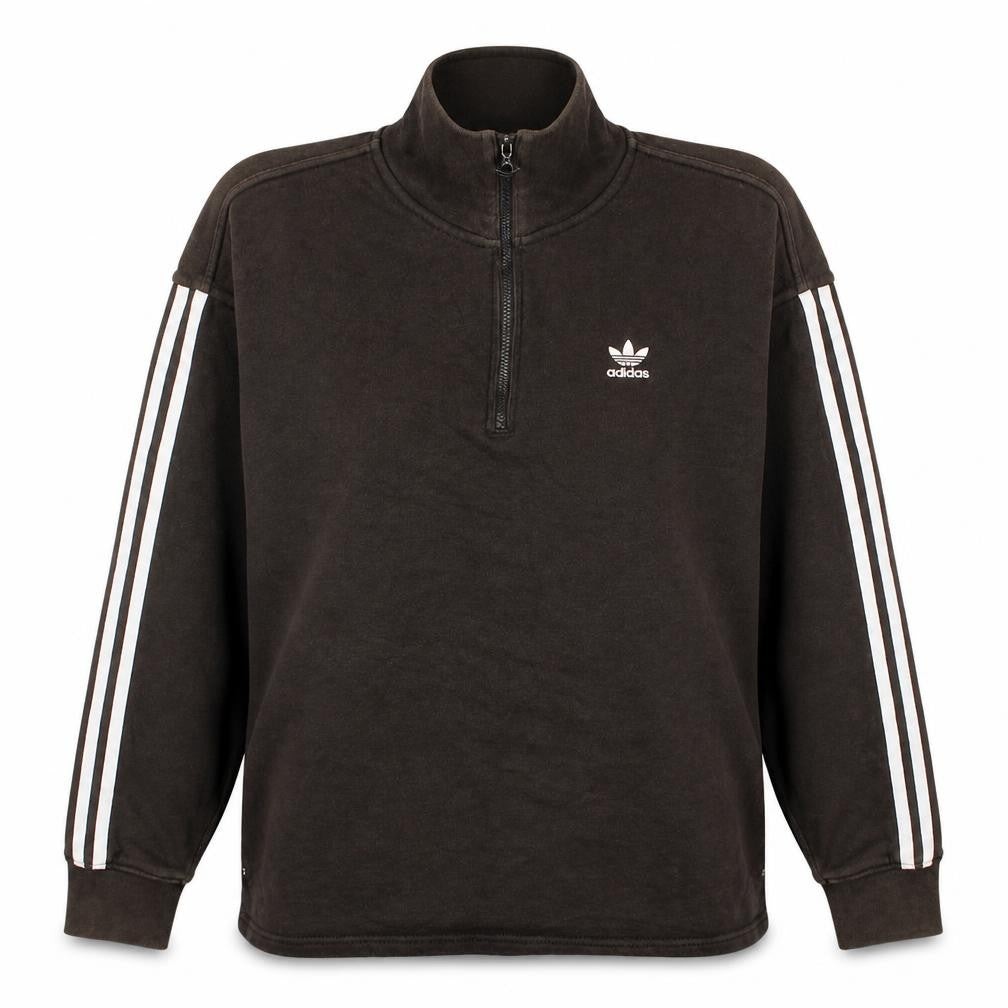 Front view of Adidas women’s black 1/2 zip sweatshirt, size UK 12, logo detail