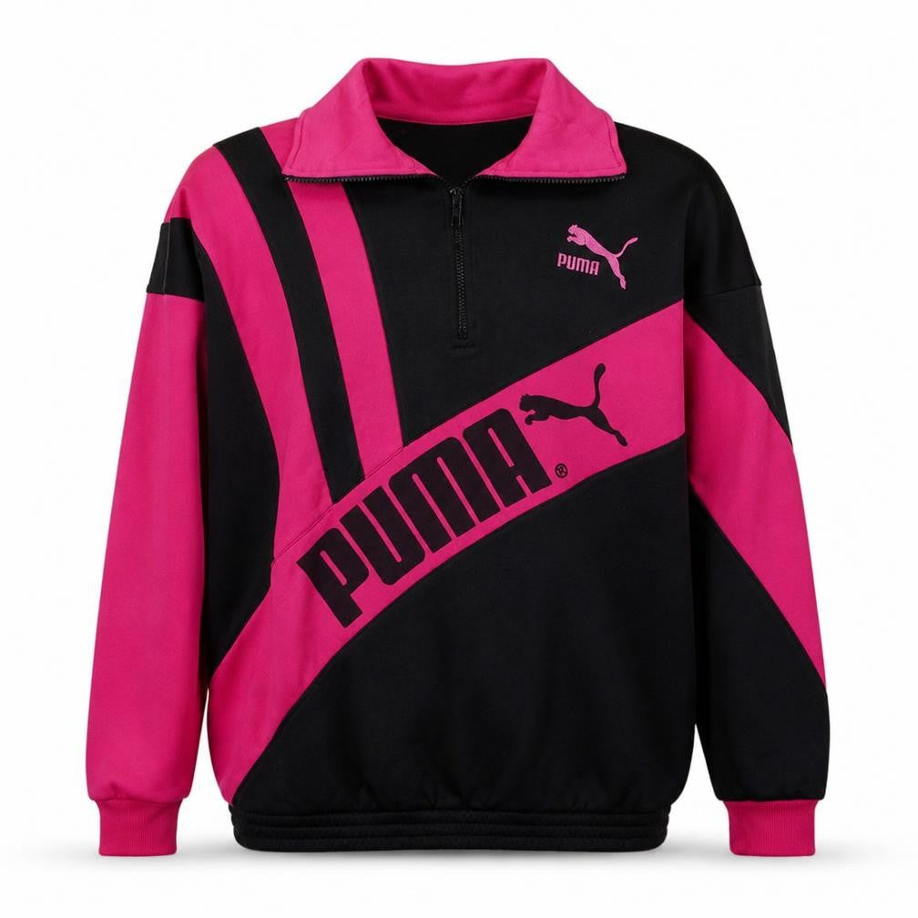 Front view of Puma women’s black pink 1/2 zip pullover sweatshirt, size L