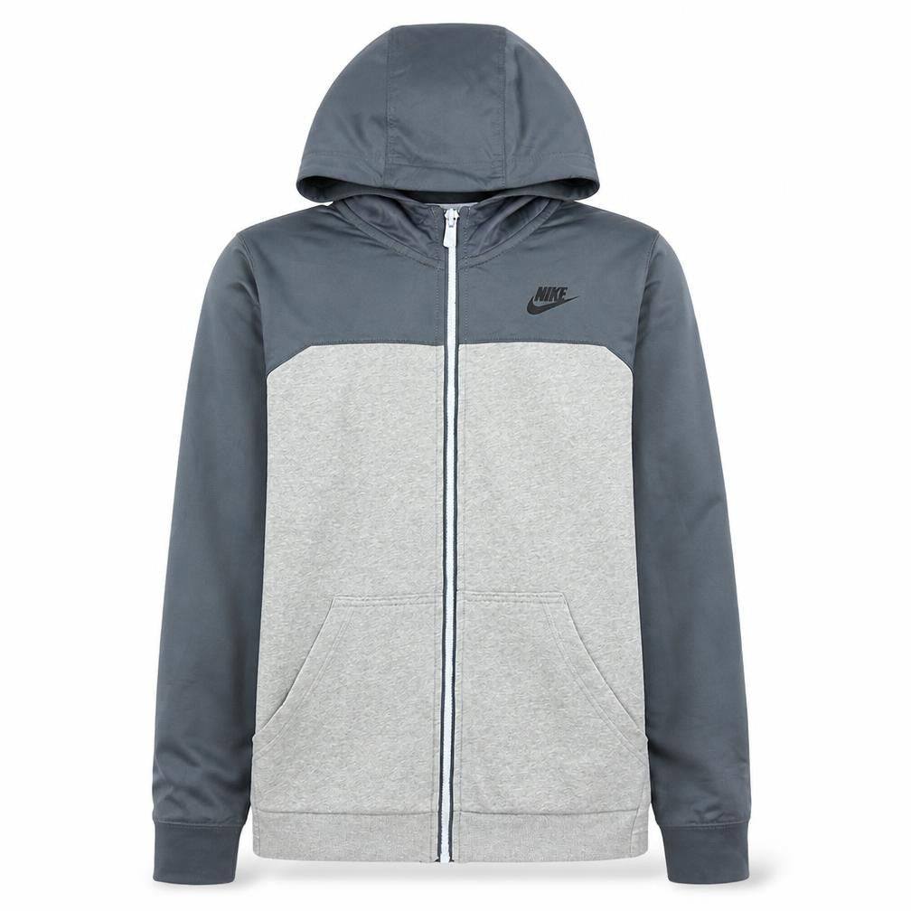 Front view of Nike boys’ grey full zip hoodie xl 158-170cm colourblock sportswear