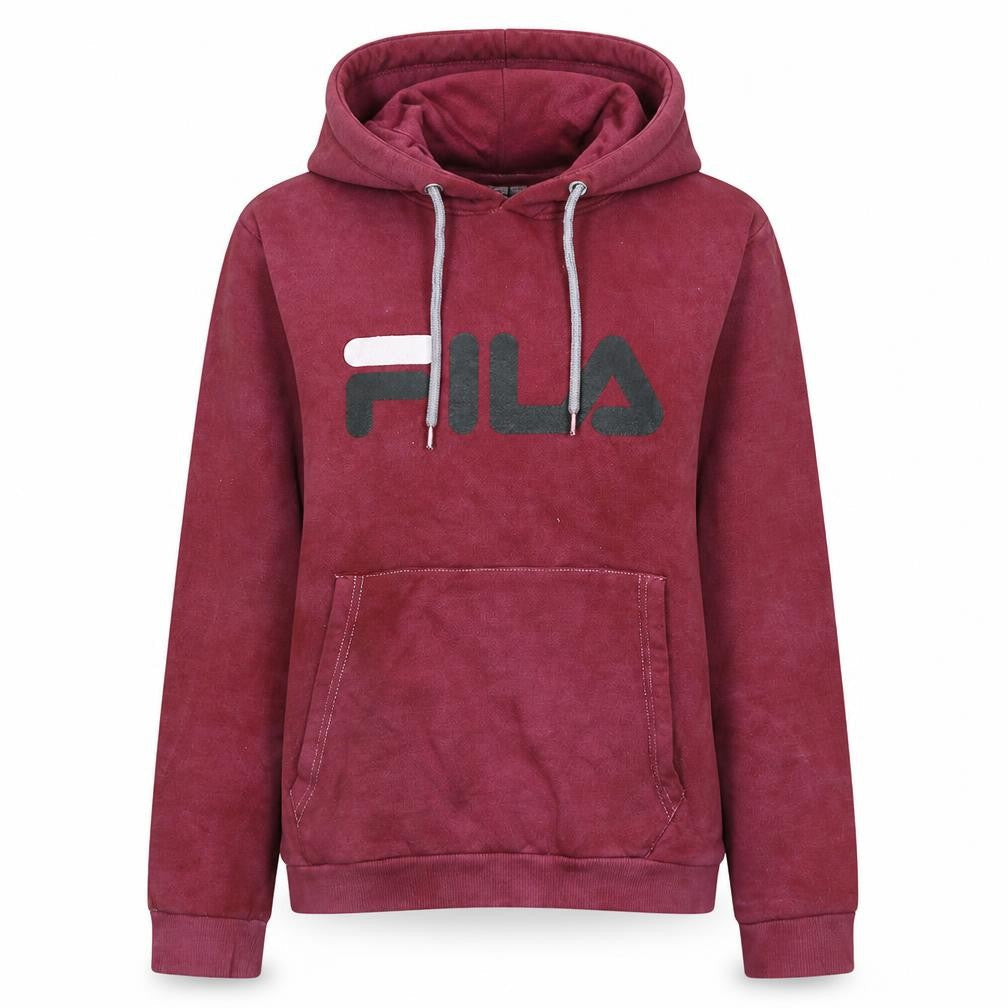 Front view of Fila women’s burgundy pullover hoodie xs logo print cotton blend
