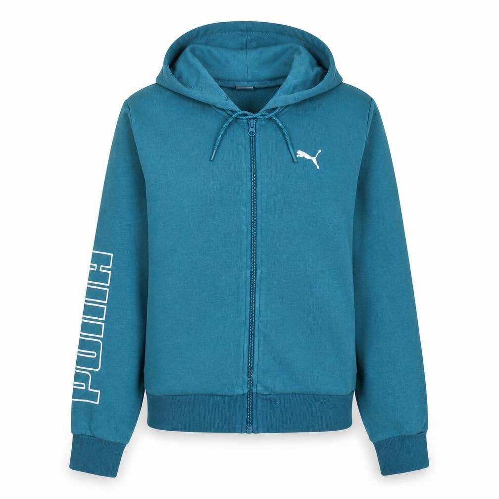 Front view of Puma women’s blue full zip hoodie small hooded sweatshirt