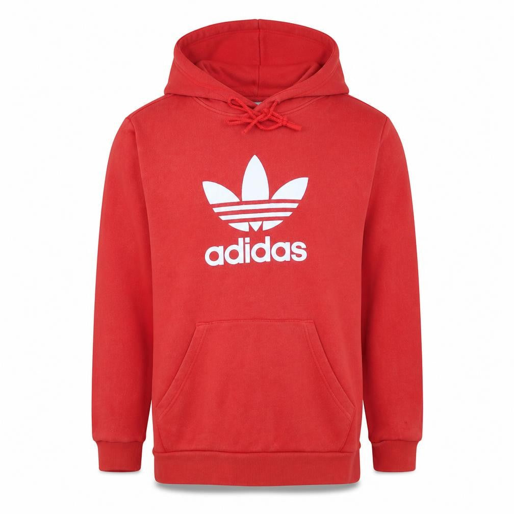 Front view of Adidas men’s red pullover hoodie, size S, logo fleece sweatshirt