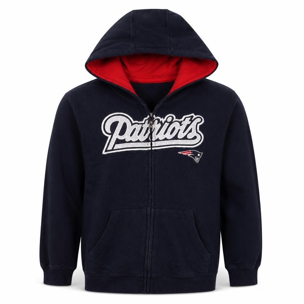 Front view of NFL Team Apparel boys’ blue patriots full zip hoodie, size 10-12, years
